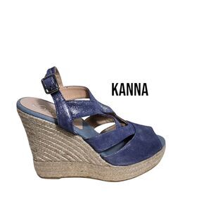 Kanna Women's Blue Leather Wedge Peep Toe Sandals